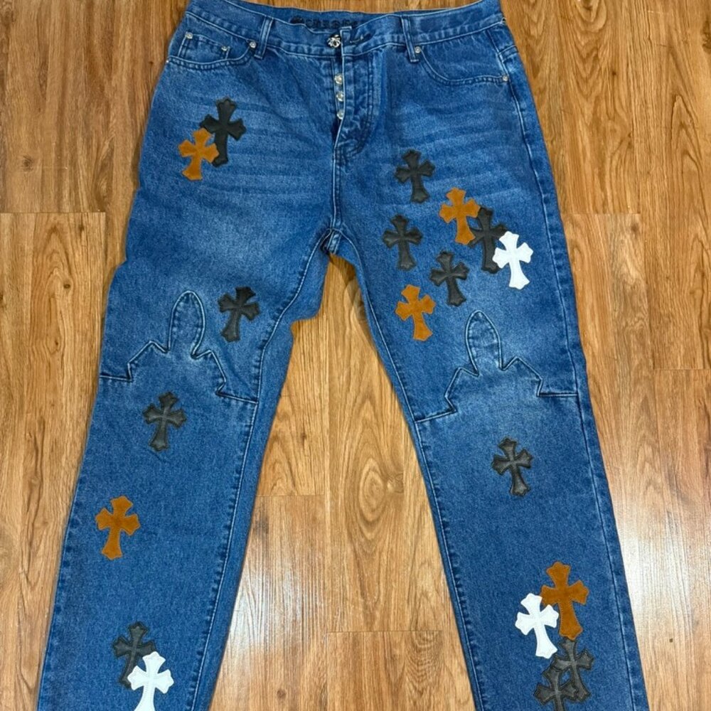 Chrome Hearts La Fleur White/Brown/Black Cross Patch Fleur Jeans Size 36W
